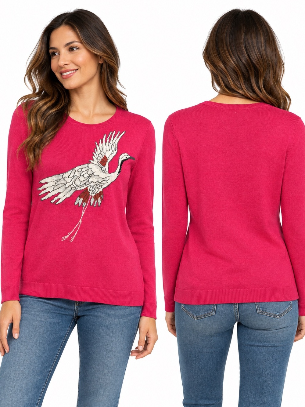 LOFT Flying Crane Sweater Women’s L Hot Pink Fuchsia Wool Blend Bird Knit